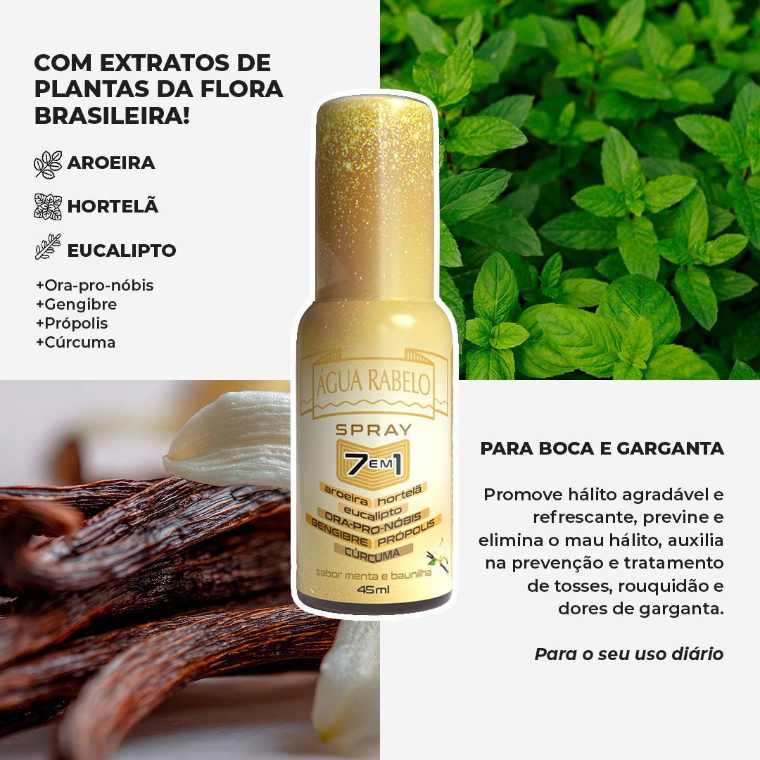 Spray 7 em 1 Água Rabelo sabor menta e baunilha 45ml