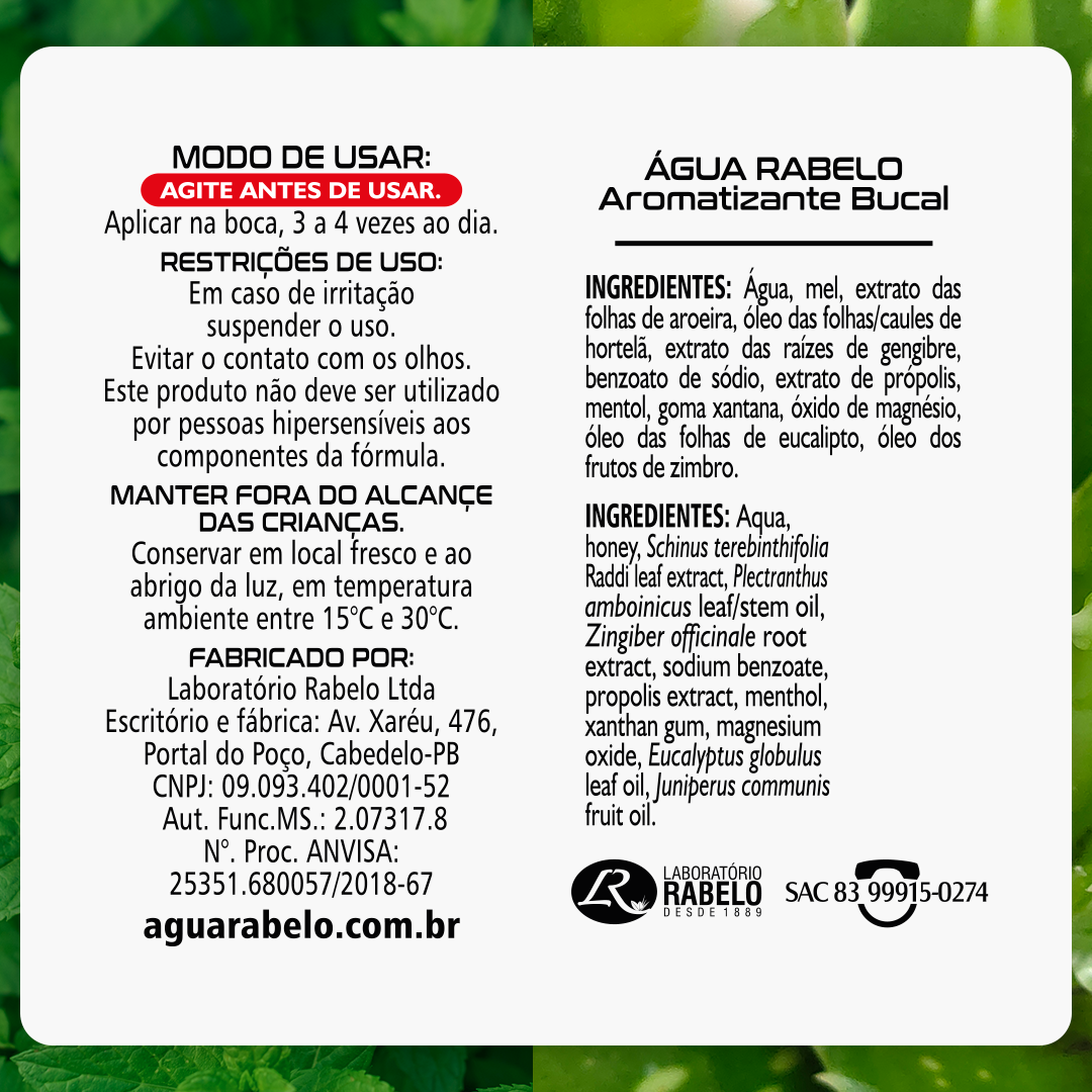 Spray para garganta Mel e própolis 6 em 1 Água Rabelo sabor menta 45ml